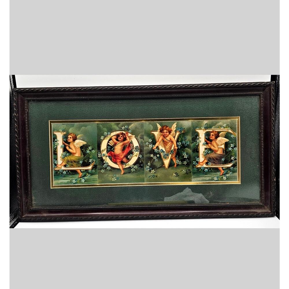 Vintage Foil Cherub Art Print LOVE Victorian Style Framed Wall Decor